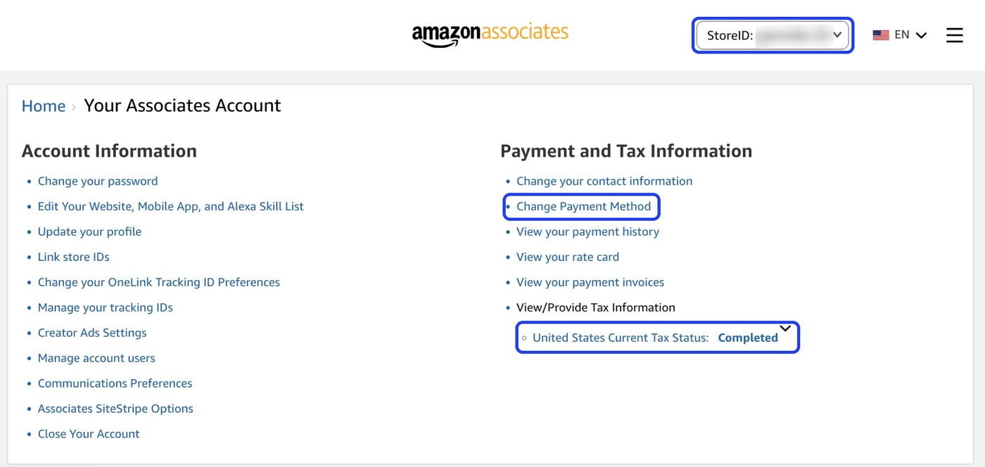 The Your Associates Account page, with the StoreID dropdown, Change Payment Method and United States Current Tax Status: Completed highlighted
