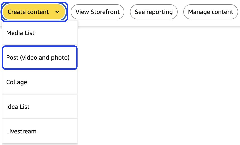 The storefront bar with the Create content menu open, showing Media List, Post (video and photo), Collage, Idea List and Livestream, with Create content and Post highlighted