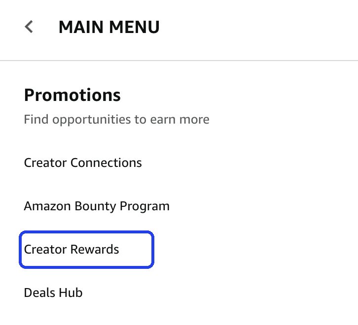 The Associates Central main menu, showing the Promotions section with Creator Rewards highlighted