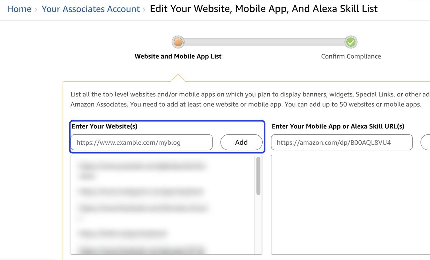 Amazon Associates page titled Edit Your Website, Mobile App, and Alexa Skill List, with the Enter Your Website(s) box and Add button highlighted